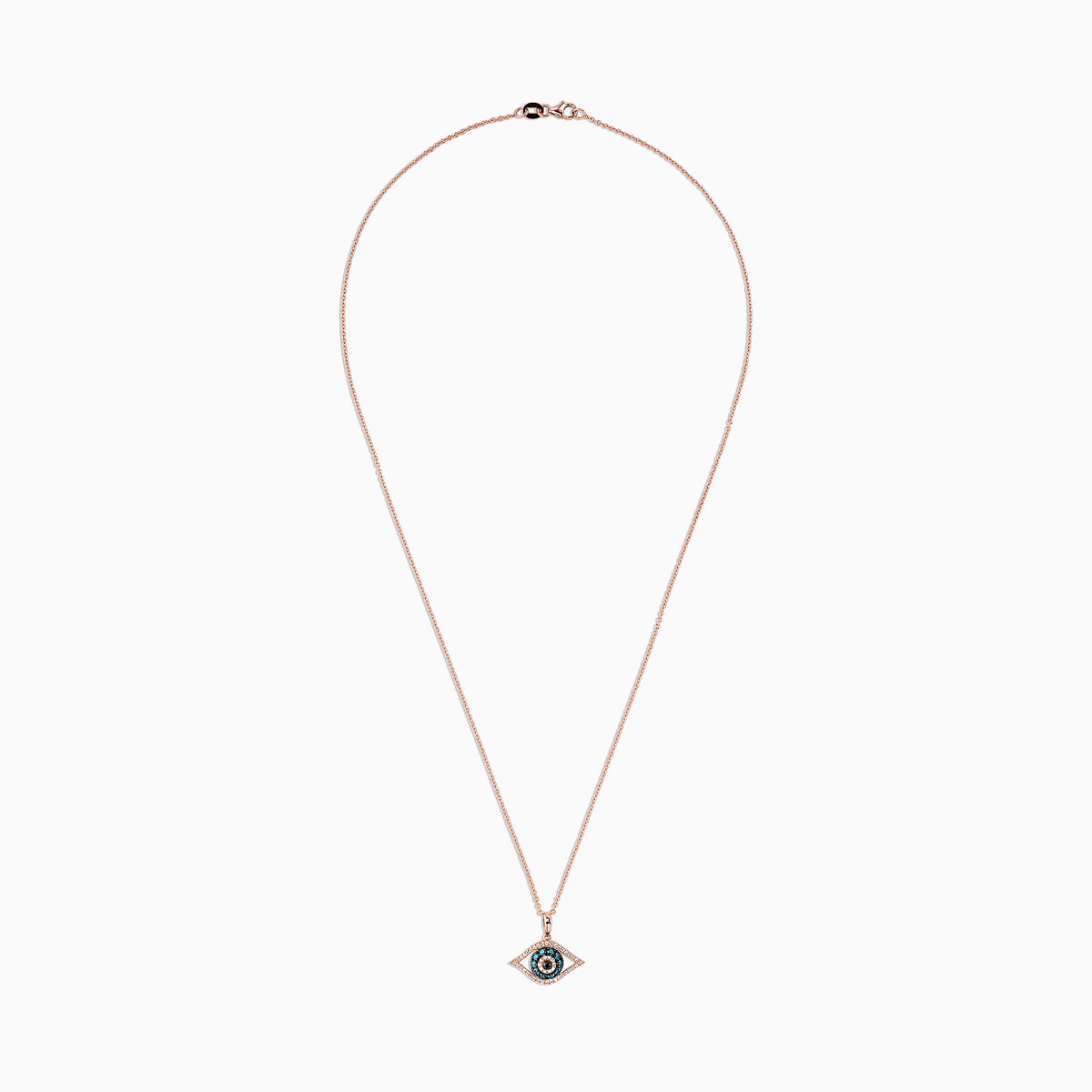 A 14K rose gold chain necklace with a blue, white, and black diamond evil eye pendant (0.34 TCW).