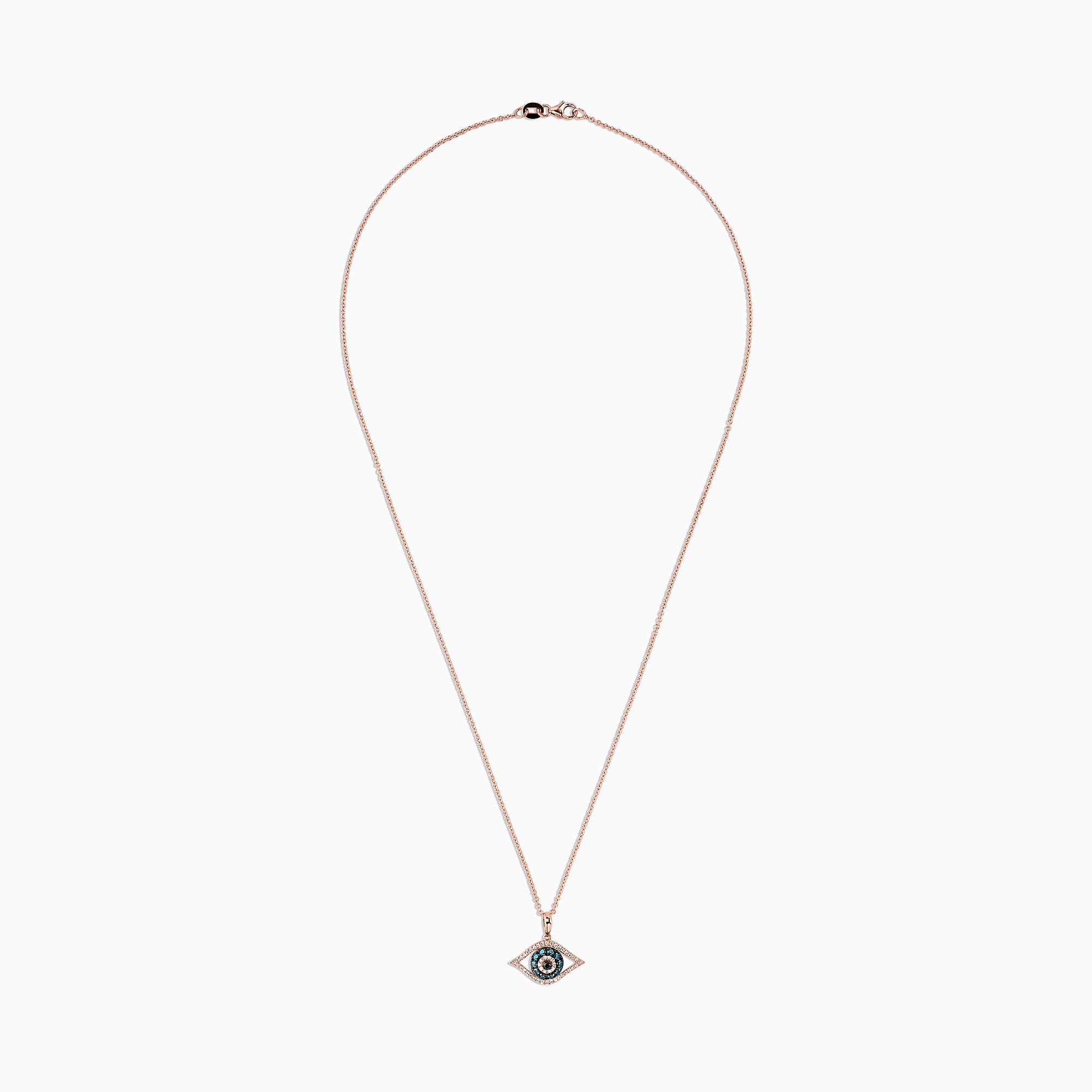 A 14K rose gold chain necklace with a blue, white, and black diamond evil eye pendant (0.34 TCW).