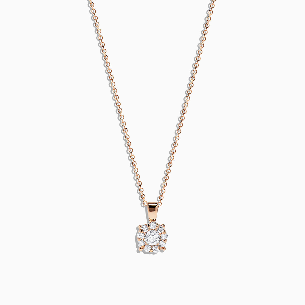 The Bouquet 14K Rose Gold Diamond Cluster Pendant (0.47 TCW) features a floral-inspired design with round white diamonds, showcased on a delicate gold chain against a white background.