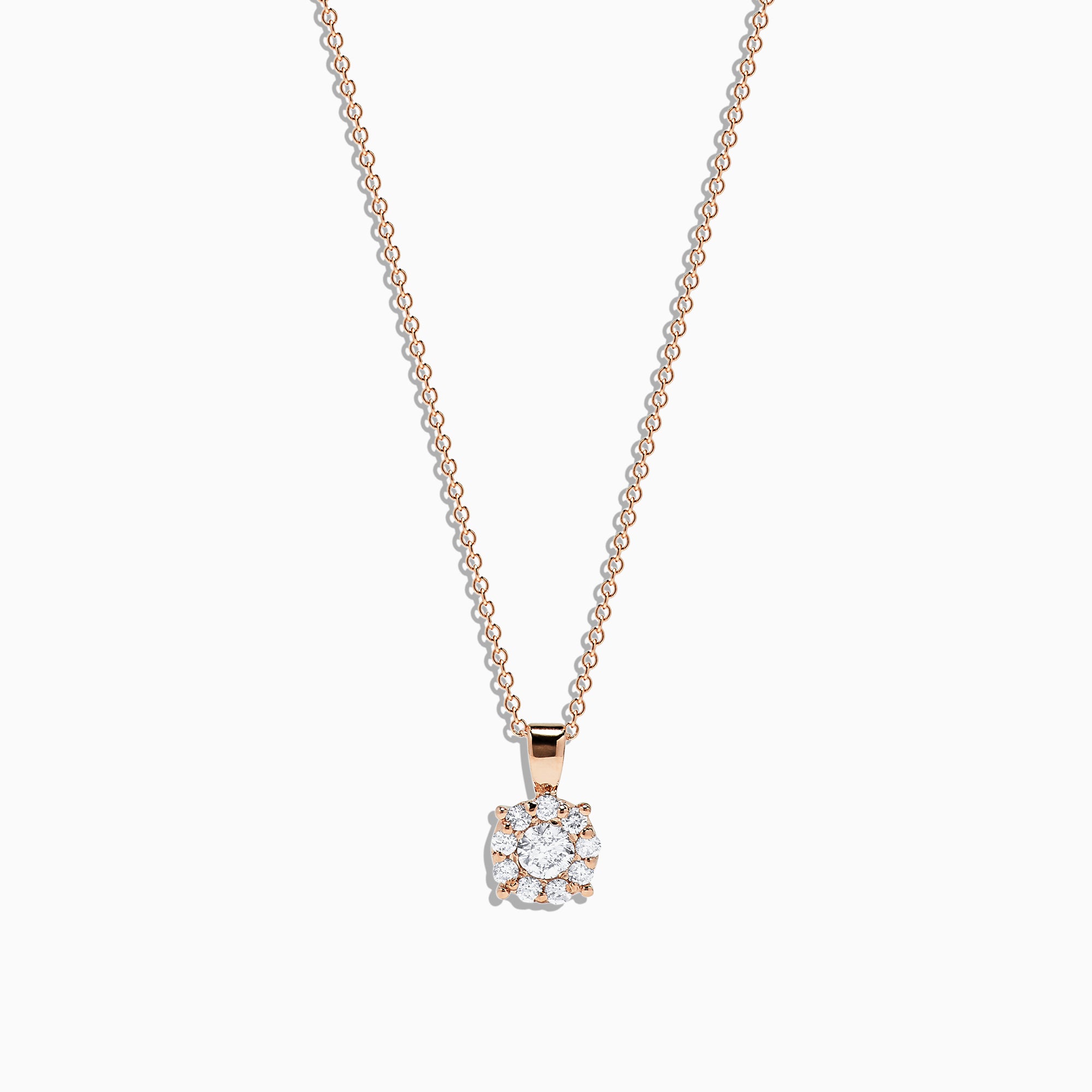 The Bouquet 14K Rose Gold Diamond Cluster Pendant (0.47 TCW) features a floral-inspired design with round white diamonds, showcased on a delicate gold chain against a white background.