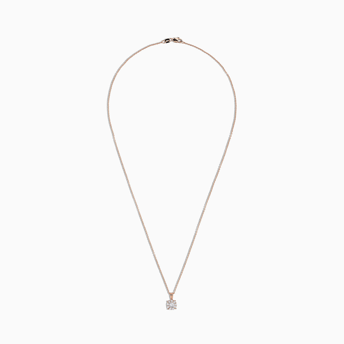 The Bouquet 14K Rose Gold Diamond Cluster Pendant (0.47 TCW) features a floral-inspired design with round white diamonds, showcased on a delicate gold chain against a white background.