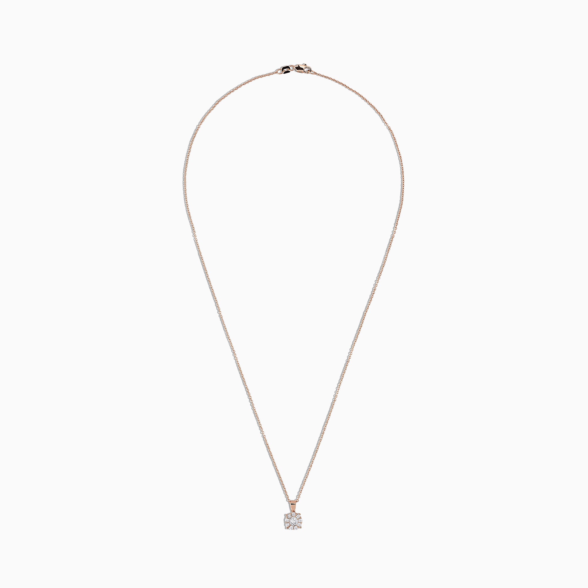 The Bouquet 14K Rose Gold Diamond Cluster Pendant (0.47 TCW) features a floral-inspired design with round white diamonds, showcased on a delicate gold chain against a white background.