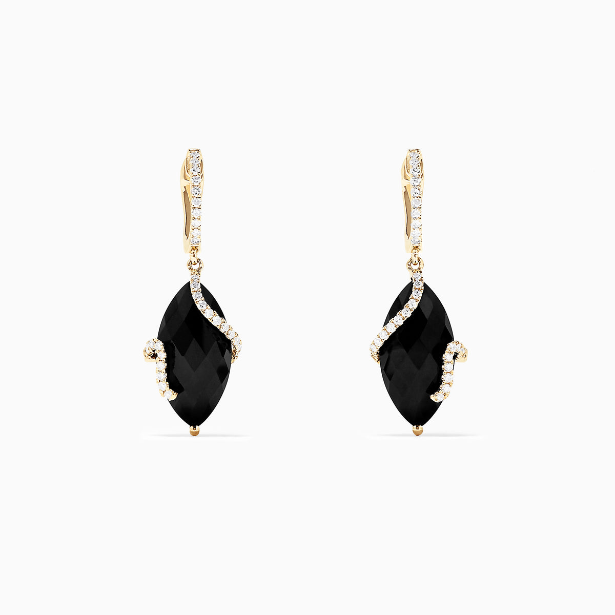 The Eclipse 14K Yellow Gold Onyx and Diamond Drop Earrings (13.18 TCW) feature marquise-cut onyx stones with curved diamond accents and secure lever-back closures.