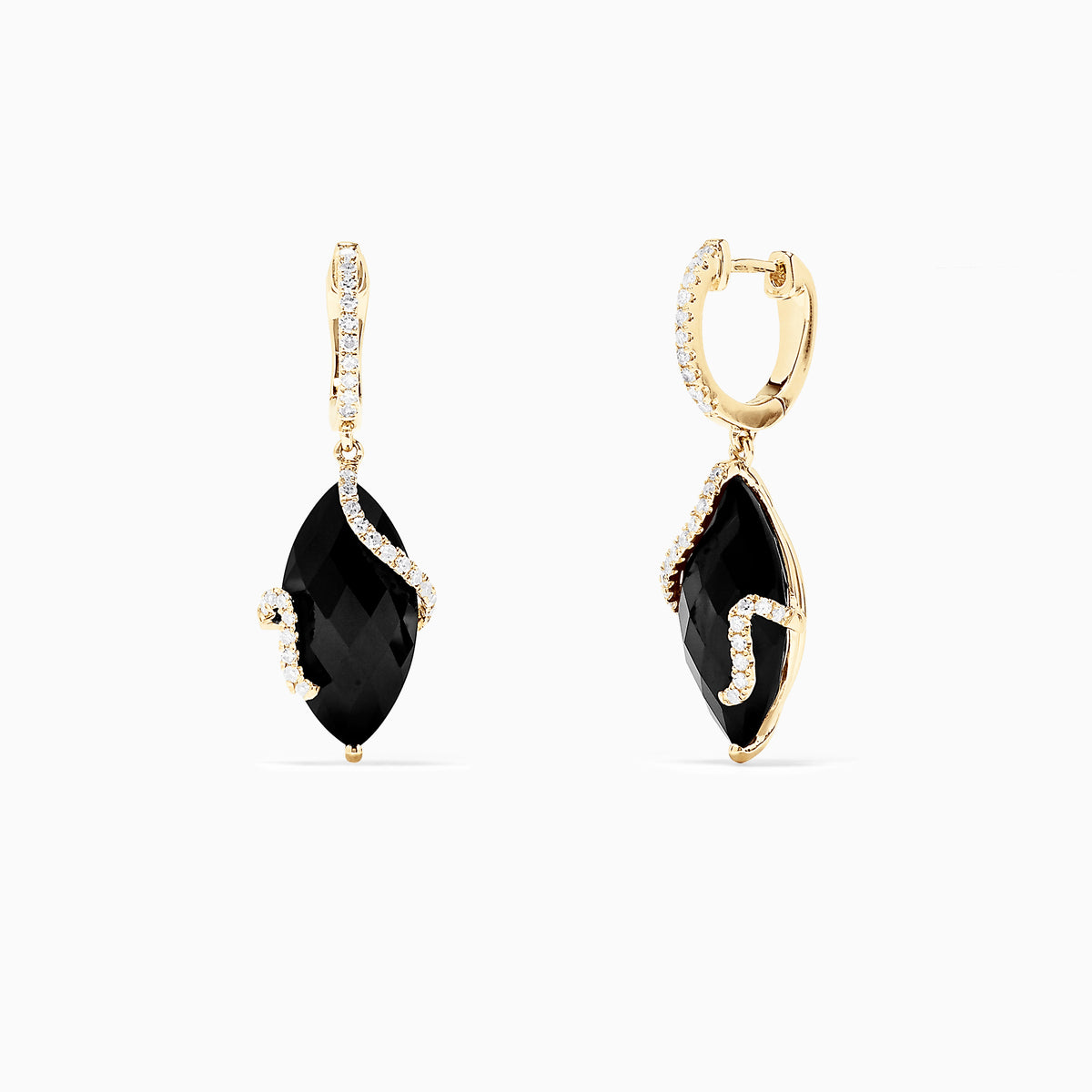 The Eclipse 14K Yellow Gold Onyx and Diamond Drop Earrings (13.18 TCW) feature marquise-cut onyx stones with curved diamond accents and secure lever-back closures.