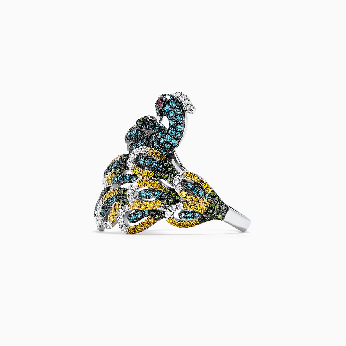 The Safari 14K White Gold Mix Diamonds and Ruby Peacock Ring (1.50 TCW) features a vibrant peacock design with sparkling diamonds and rubies, displayed against a plain white background.