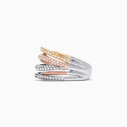 The Trio 14K Tri-Color Gold Pave Diamond Crossover Ring (0.54 TCW) features intertwined yellow, rose, and white gold bands, each sparkling with pave-set diamonds, arranged on a white background.