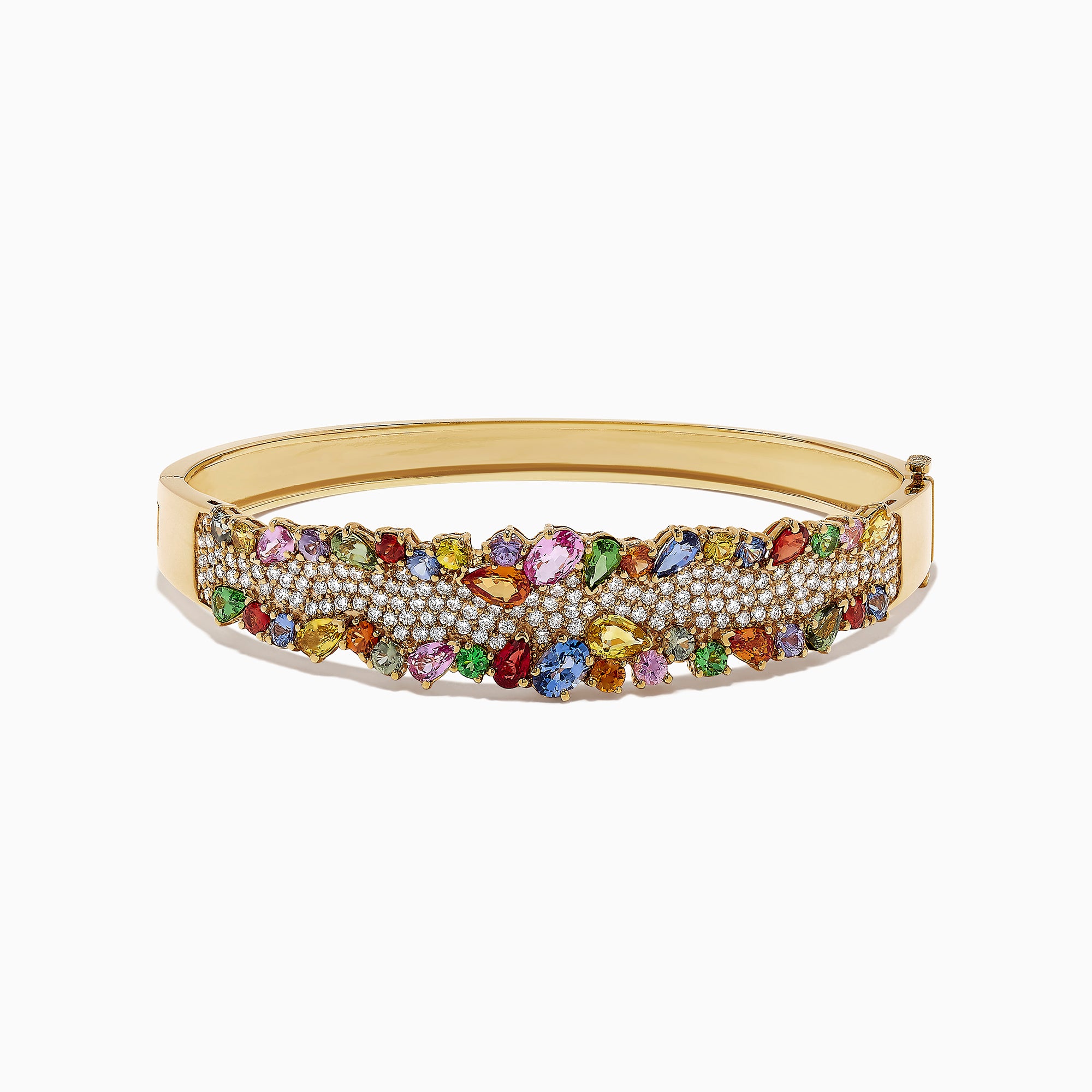 The Watercolors 14K Yellow Gold Multi Sapphire & Diamond Bangle, 9.97 TCW, features vibrant sapphires and sparkling diamonds set in an intricate clustered design.