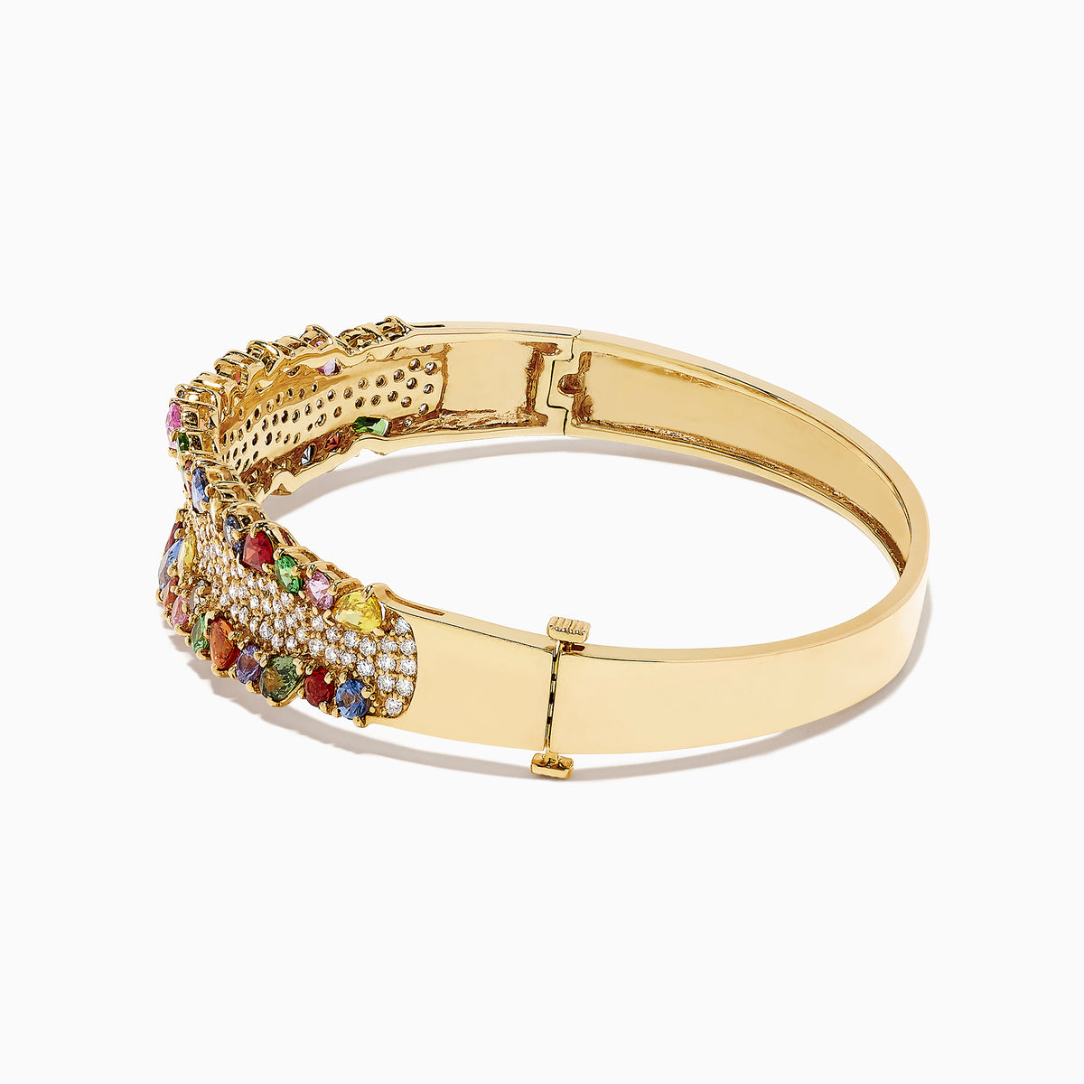 The Watercolors 14K Yellow Gold Multi Sapphire & Diamond Bangle, 9.97 TCW, features vibrant sapphires and sparkling diamonds set in an intricate clustered design.
