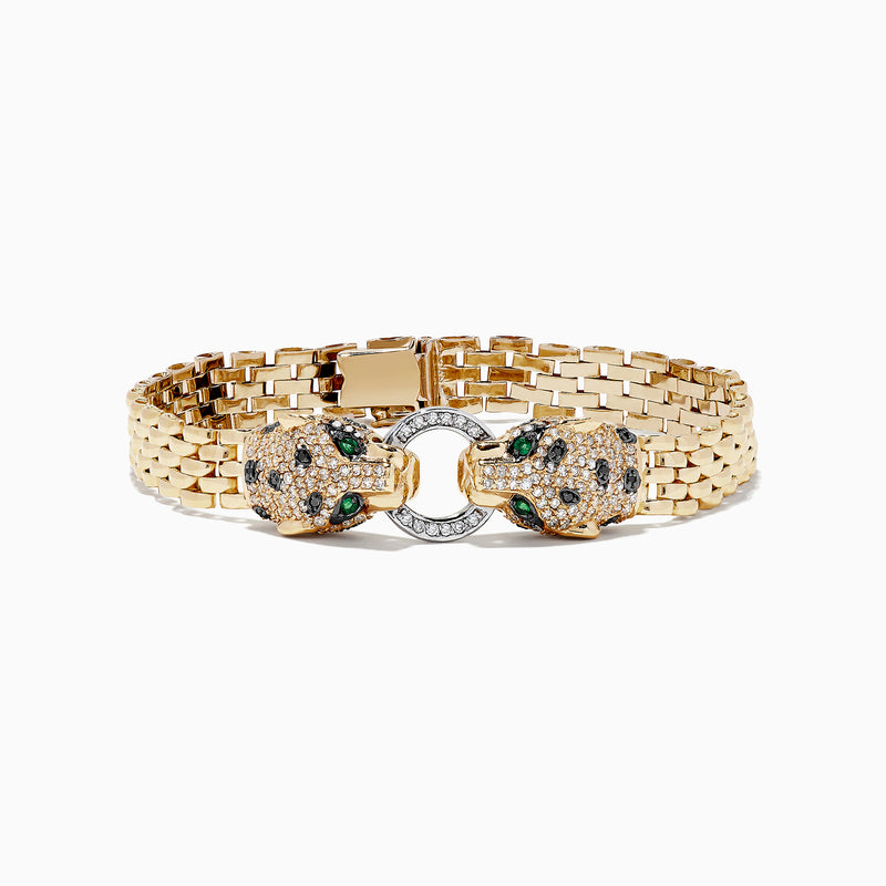 The Signature 14K 2-Tone Gold Diamond and Emerald 7 Bracelet (1.35 TCW) features two panther head designs with green eyes and black spots, each facing the other and holding a circular ring in their mouths against a white background.