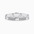 A stylish Mens 925 Sterling Silver Bracelet showcases polished silver segments with bold black woven pattern inlays, elegantly displayed on a plain white background.