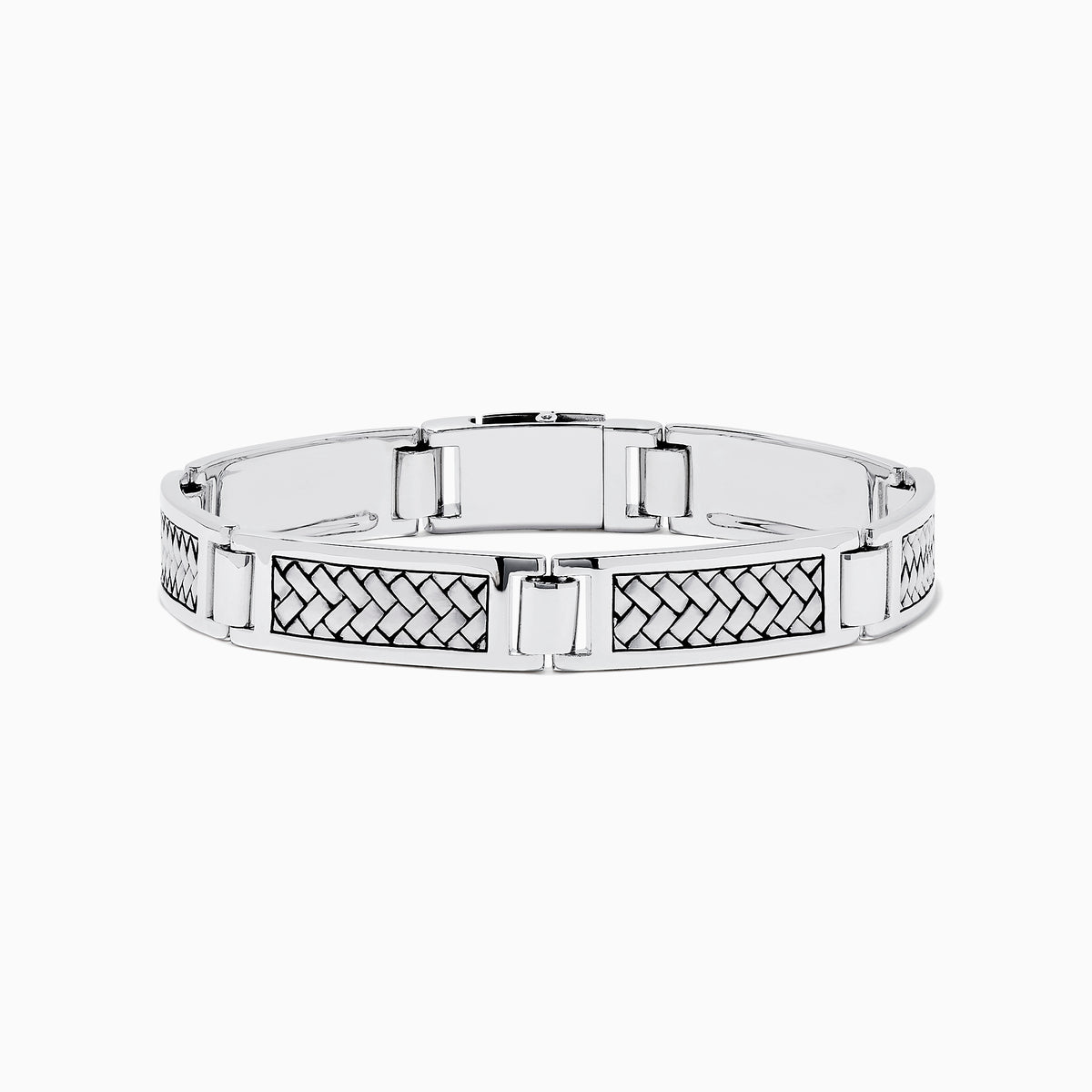 A stylish Mens 925 Sterling Silver Bracelet showcases polished silver segments with bold black woven pattern inlays, elegantly displayed on a plain white background.