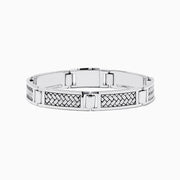 A stylish Mens 925 Sterling Silver Bracelet showcases polished silver segments with bold black woven pattern inlays, elegantly displayed on a plain white background.