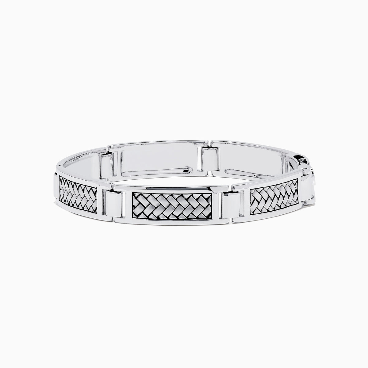 The Mens 925 Sterling Silver Bracelet features silver-toned rectangular links with inset woven patterns, offering a modern, polished look. Crafted in 925 sterling silver, its displayed on a white background.