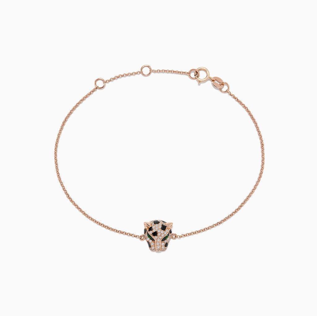 Signature 14K Rose Gold Diamond and Tsavorite Garnet Bracelet (0.18 TCW) features a delicate panther-shaped charm with sparkling diamonds and green tsavorite garnets, shown on a white background.