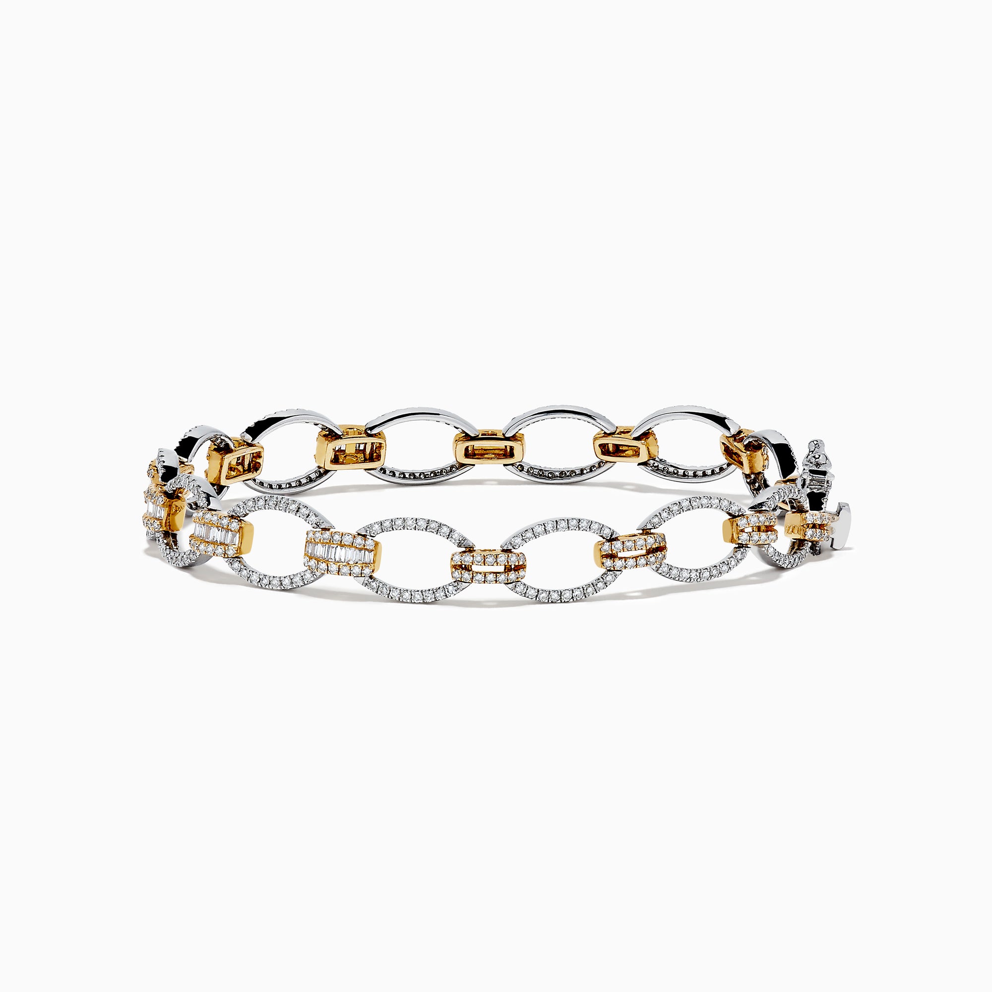 The Duo 14K White and Yellow Gold Diamond Chain Link Tennis Bracelet, 2.01 TCW, features alternating gold and silver oval links with sparkling diamonds, displayed elegantly on a white background.