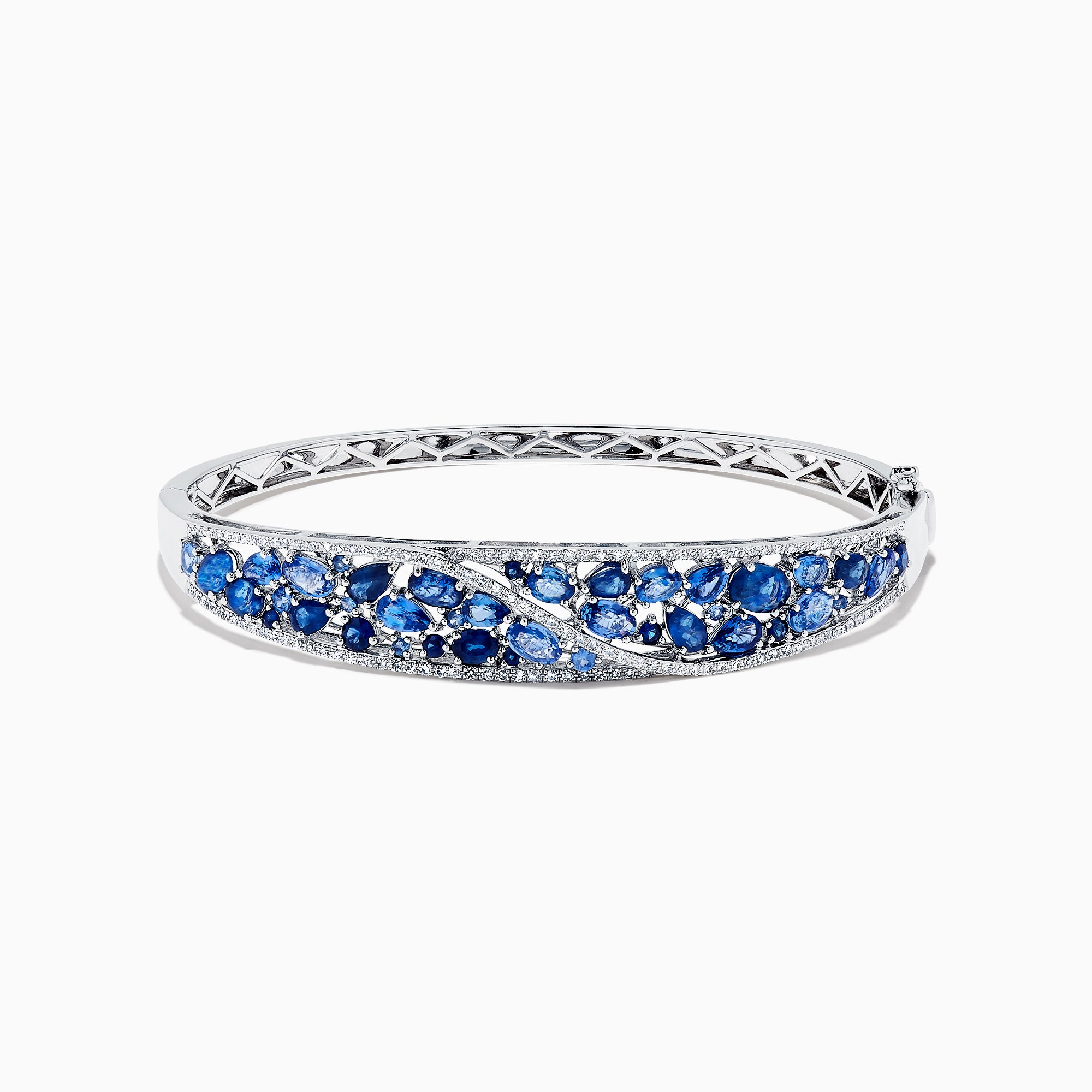 The 14K White Gold Natural Blue Sapphire & Diamond Bangle (7.82 TCW) features an intricate lattice design with clusters of round blue sapphires and sparkling diamonds along the front.