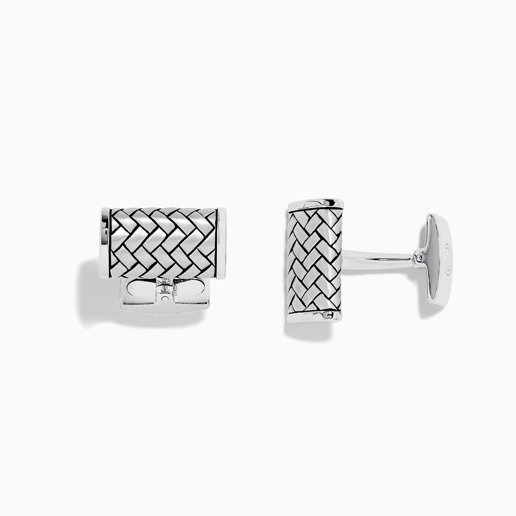 A pair of Mens 925 Sterling Silver Cufflinks with a woven pattern are displayed against a white background, showing one cufflink from the front and the other from the side.