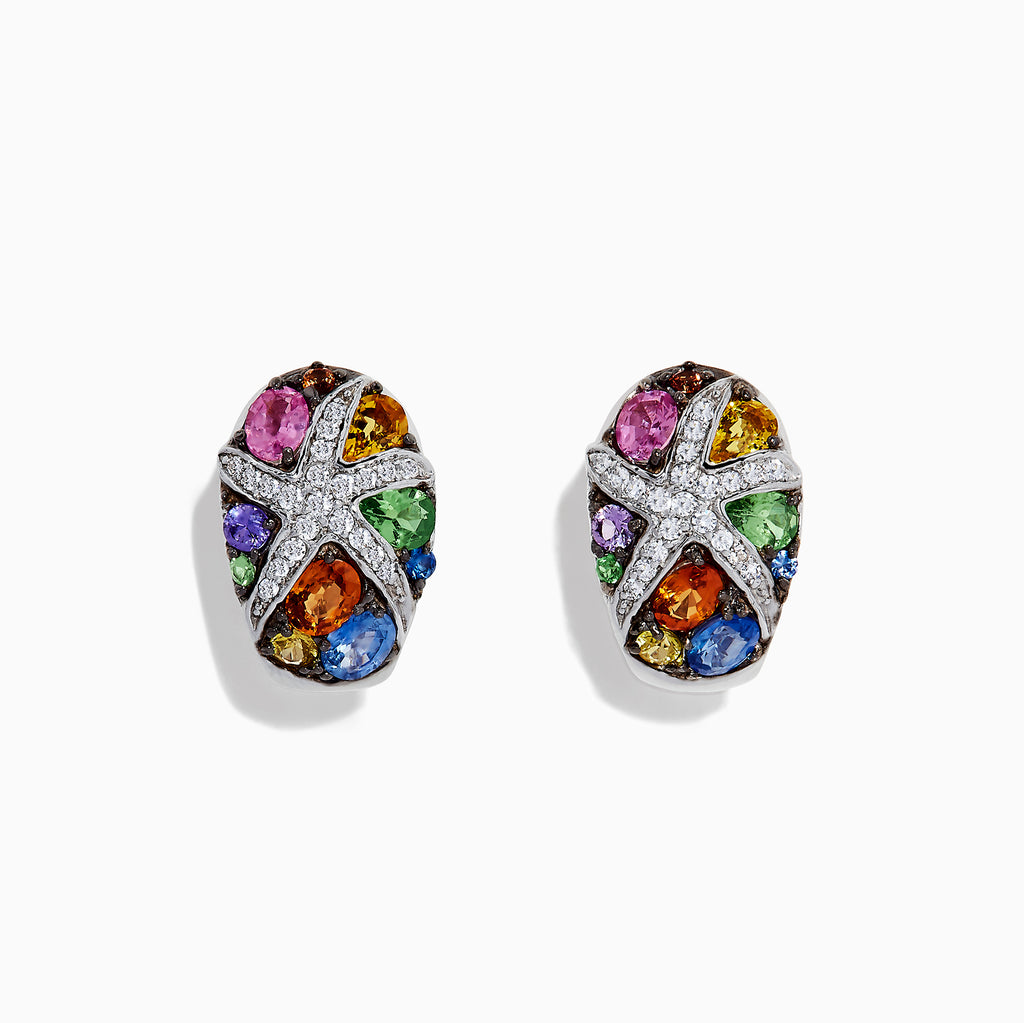 The Watercolors 14K White Gold Multi Sapphire & Diamond Earrings (3.01 TCW) feature a star design with clear diamonds and vibrant sapphires in pink, orange, green, blue, yellow, and purple.