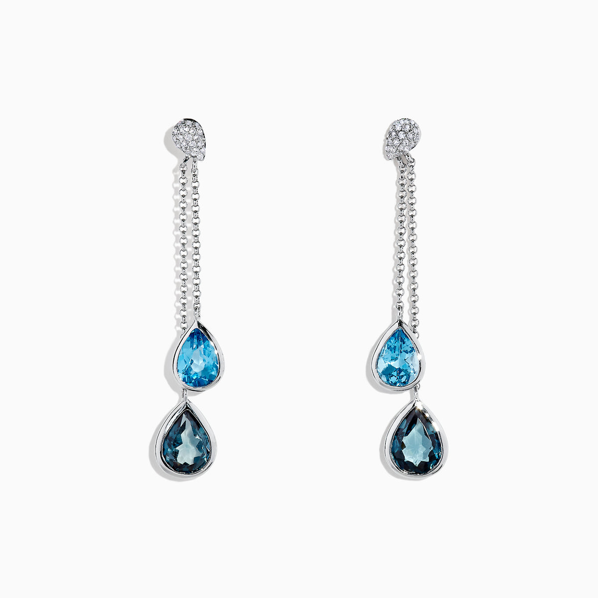 The Ocean Bleu 14K White Gold Blue Topaz and Diamond Earrings (4.28 TCW) feature elegant blue topaz teardrops, delicate chains, and round diamond accents, inspired by classic diamond earring designs.