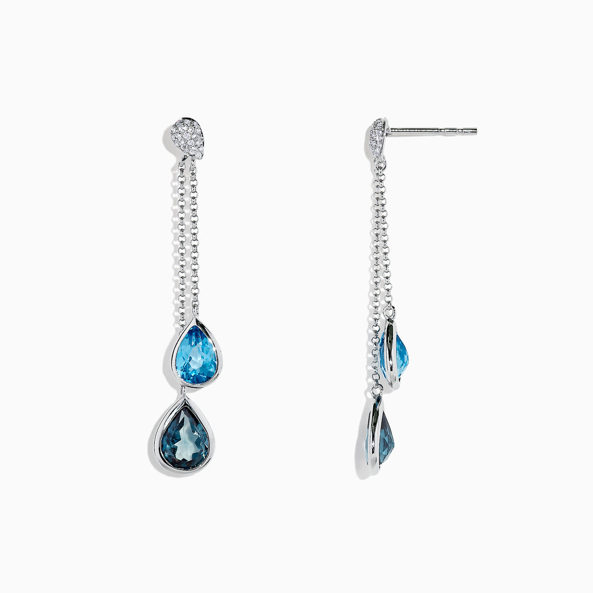 The Ocean Bleu 14K White Gold Blue Topaz and Diamond Earrings (4.28 TCW) feature elegant blue topaz teardrops, delicate chains, and round diamond accents, inspired by classic diamond earring designs.