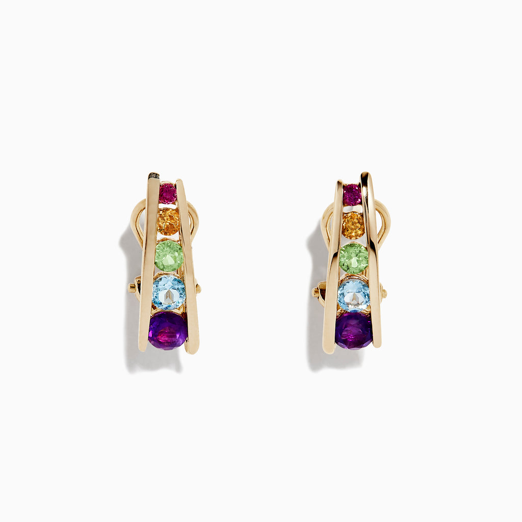The Mosaic 14K Yellow Gold Multi Gemstone Earrings, 1.40 TCW, showcase vertical rows of five colorful stones—purple, blue, green, yellow, and pink—set against a plain white background.