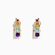 The Mosaic 14K Yellow Gold Multi Gemstone Earrings, 1.40 TCW, showcase vertical rows of five colorful stones—purple, blue, green, yellow, and pink—set against a plain white background.