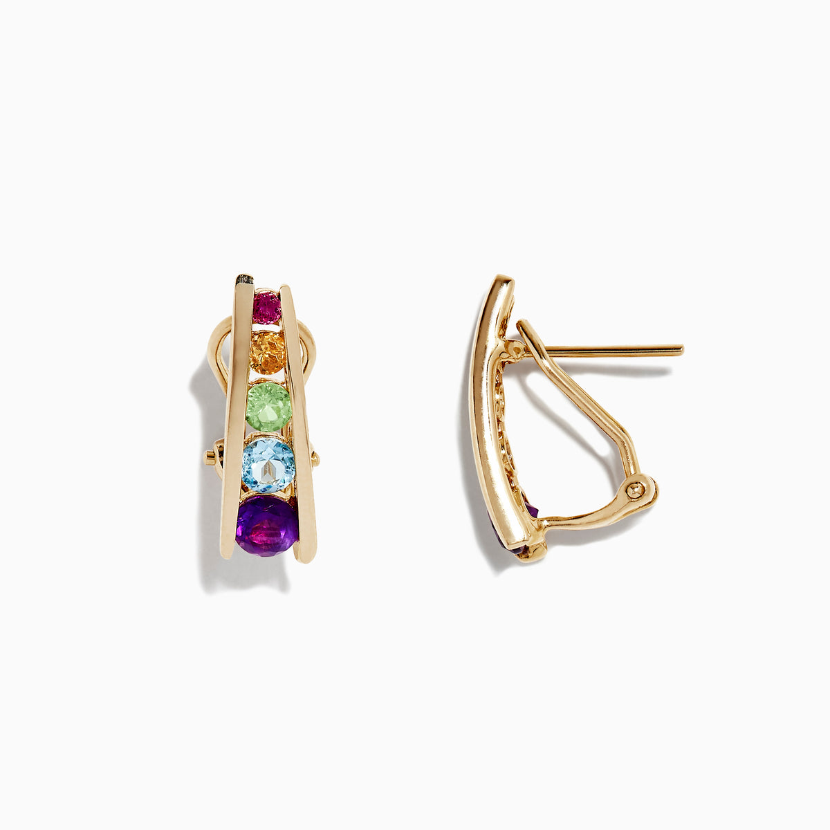 The Mosaic 14K Yellow Gold Multi Gemstone Earrings, 1.40 TCW, showcase vertical rows of five colorful stones—purple, blue, green, yellow, and pink—set against a plain white background.