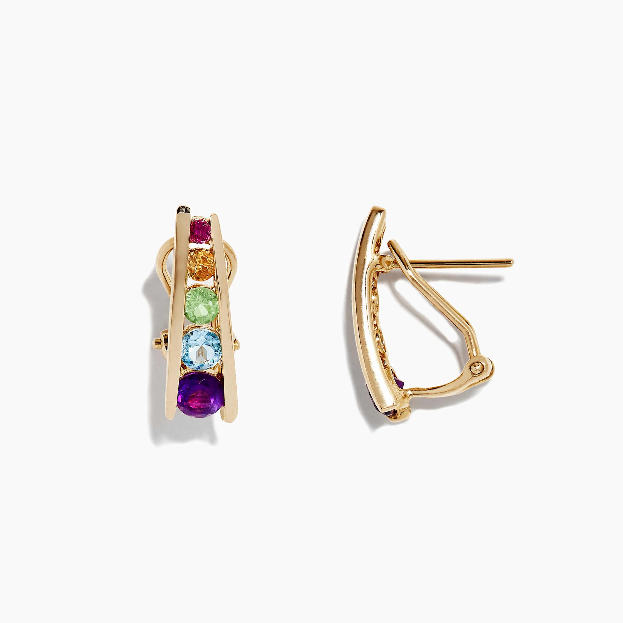 The Mosaic 14K Yellow Gold Multi Gemstone Earrings, 1.40 TCW, showcase vertical rows of five colorful stones—purple, blue, green, yellow, and pink—set against a plain white background.