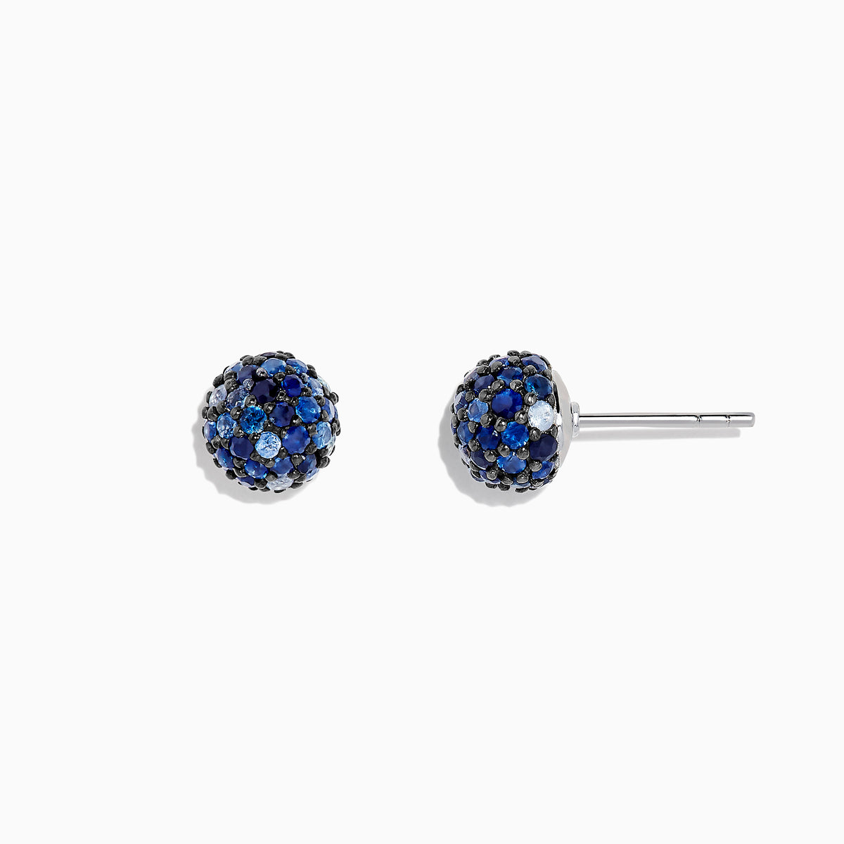The 925 Sterling Silver Blue Sapphire Splash Stud Earrings, 2.26 TCW, feature round studs adorned with various shades of blue sapphires, set in sterling silver and shown against a white background.