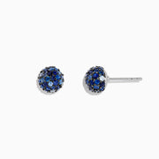 The 925 Sterling Silver Blue Sapphire Splash Stud Earrings, 2.26 TCW, feature round studs adorned with various shades of blue sapphires, set in sterling silver and shown against a white background.