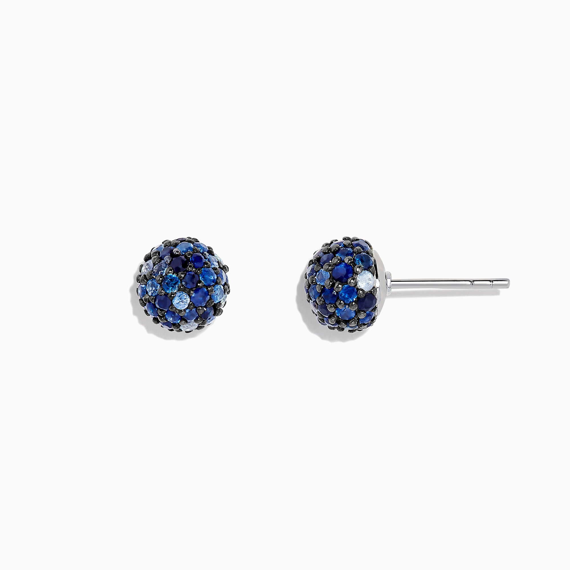 The 925 Sterling Silver Blue Sapphire Splash Stud Earrings, 2.26 TCW, feature round studs adorned with various shades of blue sapphires, set in sterling silver and shown against a white background.