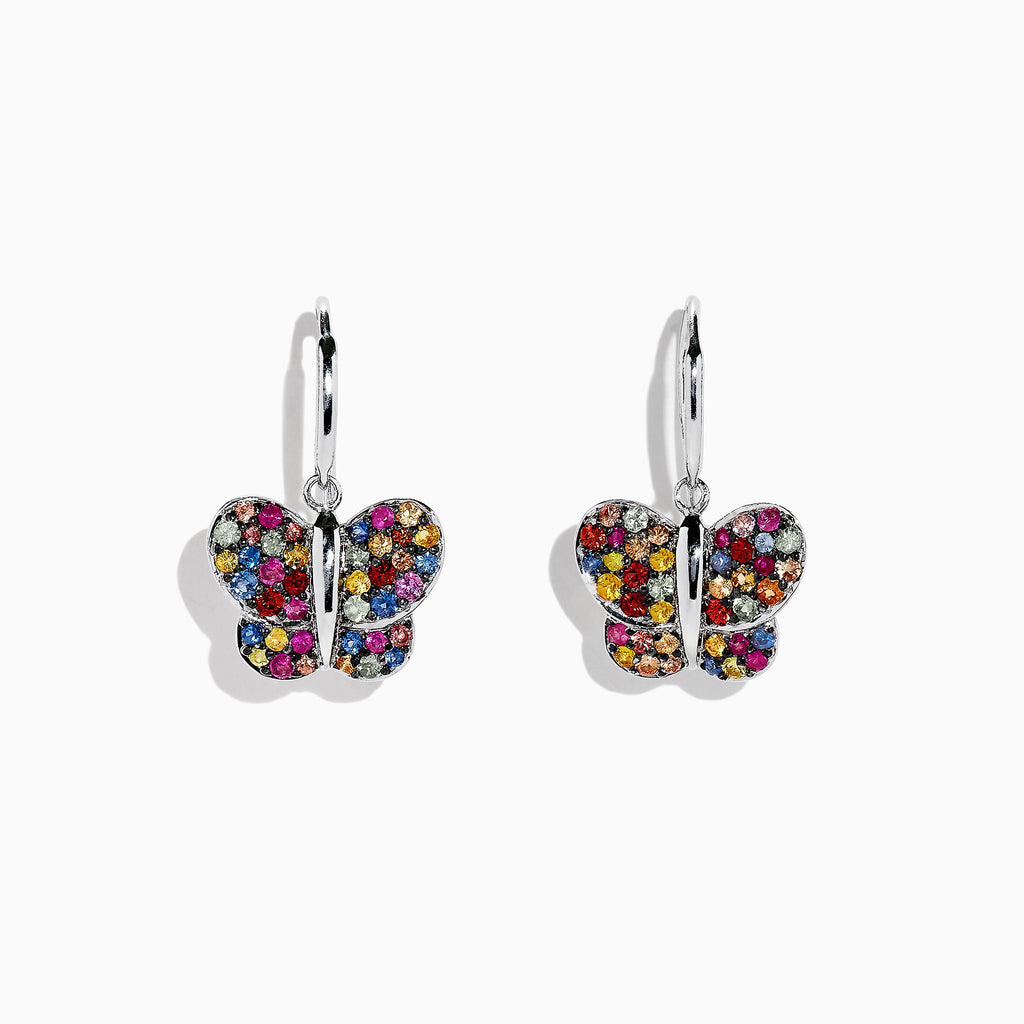 925 Sterling Silver Multi Sapphire Butterfly Earrings, 1.62 TCW, are shown against a white background.