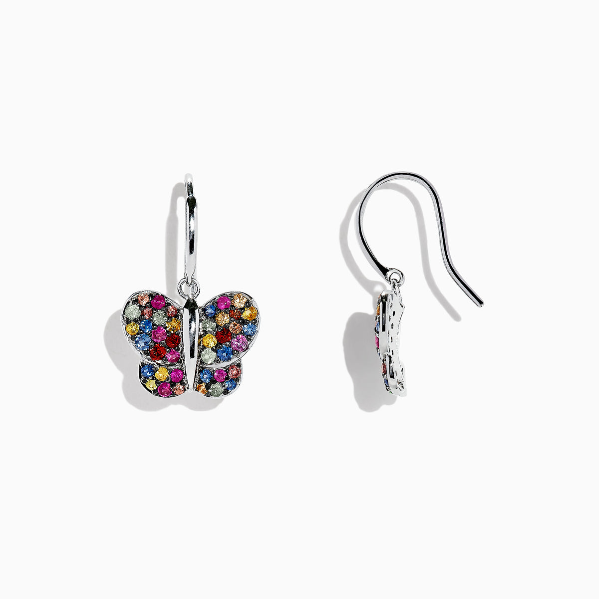 925 Sterling Silver Multi Sapphire Butterfly Earrings, 1.62 TCW, are shown against a white background.