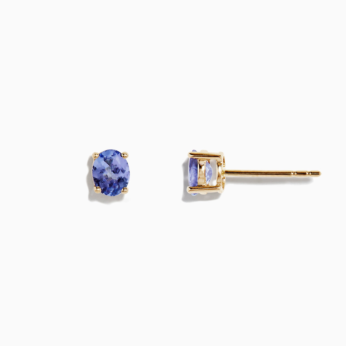 A pair of 14K Yellow Gold Oval Tanzanite Stud Earrings, 0.65 TCW, is shown on a white background.