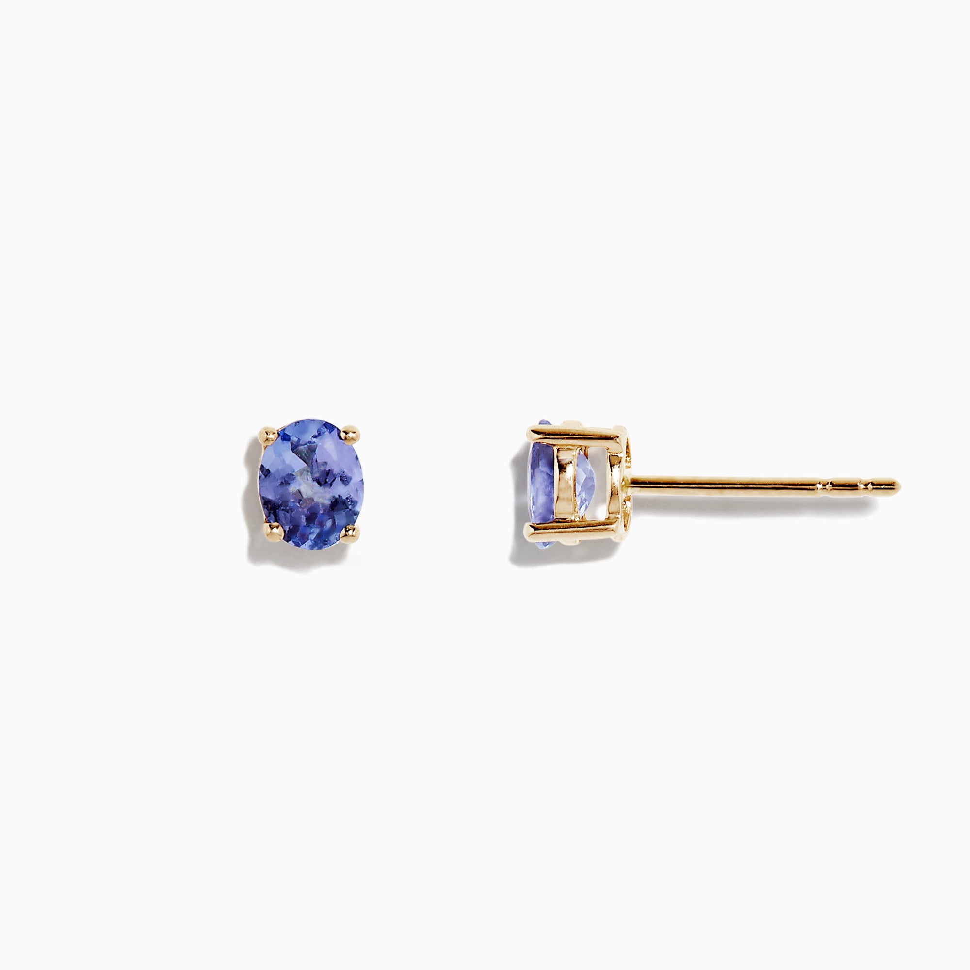 A pair of 14K Yellow Gold Oval Tanzanite Stud Earrings, 0.65 TCW, is shown on a white background.