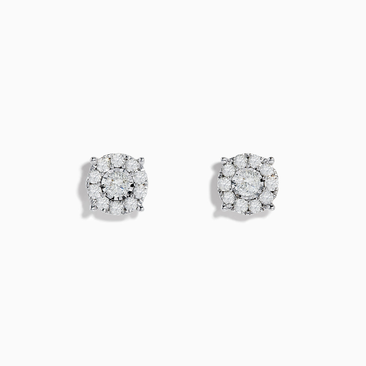 The Bouquet 14K White Gold Diamond Cluster Stud Earrings (0.96 TCW) feature round diamonds set in a floral design on white gold, displayed against a white background.