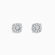 The Bouquet 14K White Gold Diamond Cluster Stud Earrings (0.96 TCW) feature round diamonds set in a floral design on white gold, displayed against a white background.
