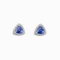Nahla Siri 14K White Gold Tanzanite and Diamond Stud Earrings, 1.19 TCW, featuring triangular tanzanite gems encircled by diamonds, set in white gold and shown on a white background.
