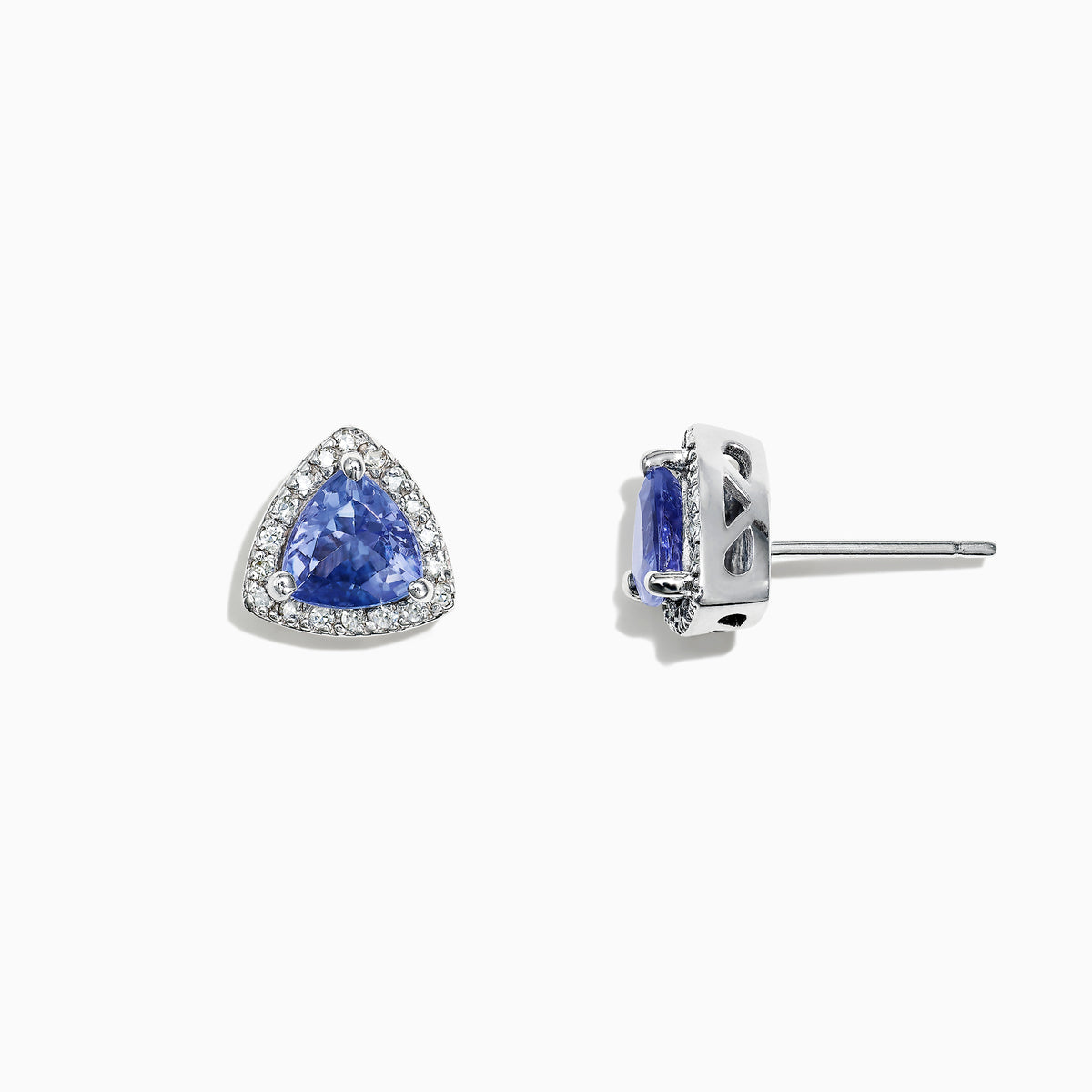 Nahla Siri 14K White Gold Tanzanite and Diamond Stud Earrings, 1.19 TCW, featuring triangular tanzanite gems encircled by diamonds, set in white gold and shown on a white background.