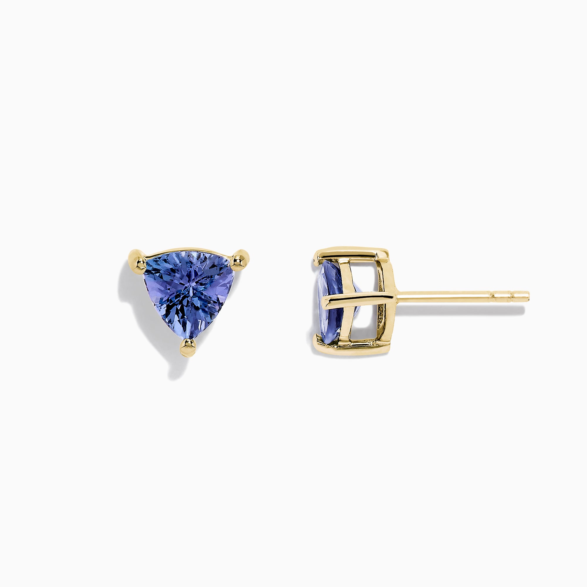 14K yellow gold trillion cut tanzanite stud earrings, 0.65 TCW, each set with a blue gemstone in three prongs and shown against a plain white background.