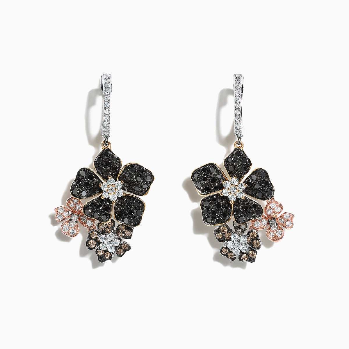 The Nature 14K Tri Color Gold Diamond Flower Earrings, 2.04 TCW, feature black and white flower designs with sparkling stones and tri-color gold accents, shown on a white background.