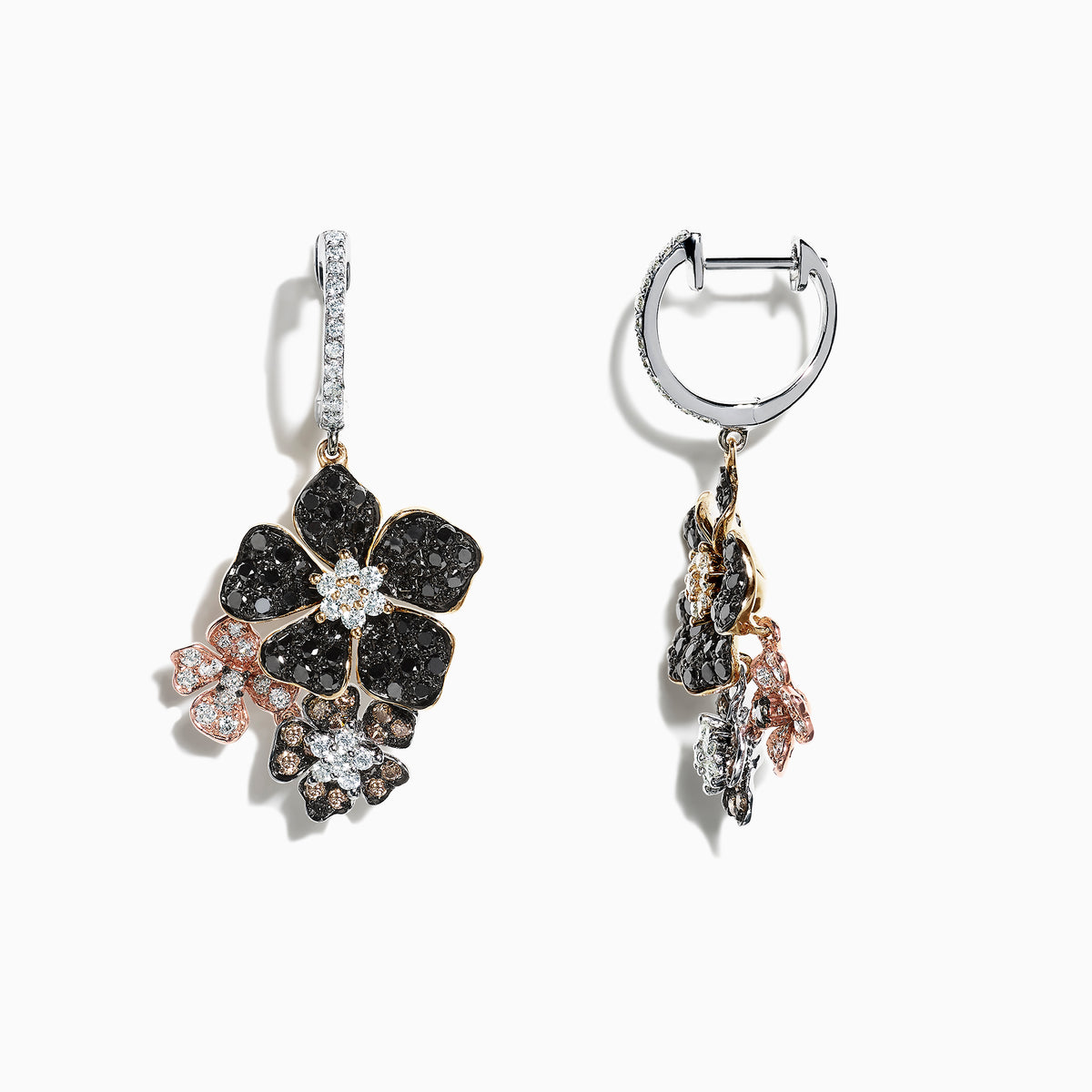 The Nature 14K Tri Color Gold Diamond Flower Earrings, 2.04 TCW, feature black and white flower designs with sparkling stones and tri-color gold accents, shown on a white background.