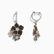 The Nature 14K Tri Color Gold Diamond Flower Earrings, 2.04 TCW, feature black and white flower designs with sparkling stones and tri-color gold accents, shown on a white background.