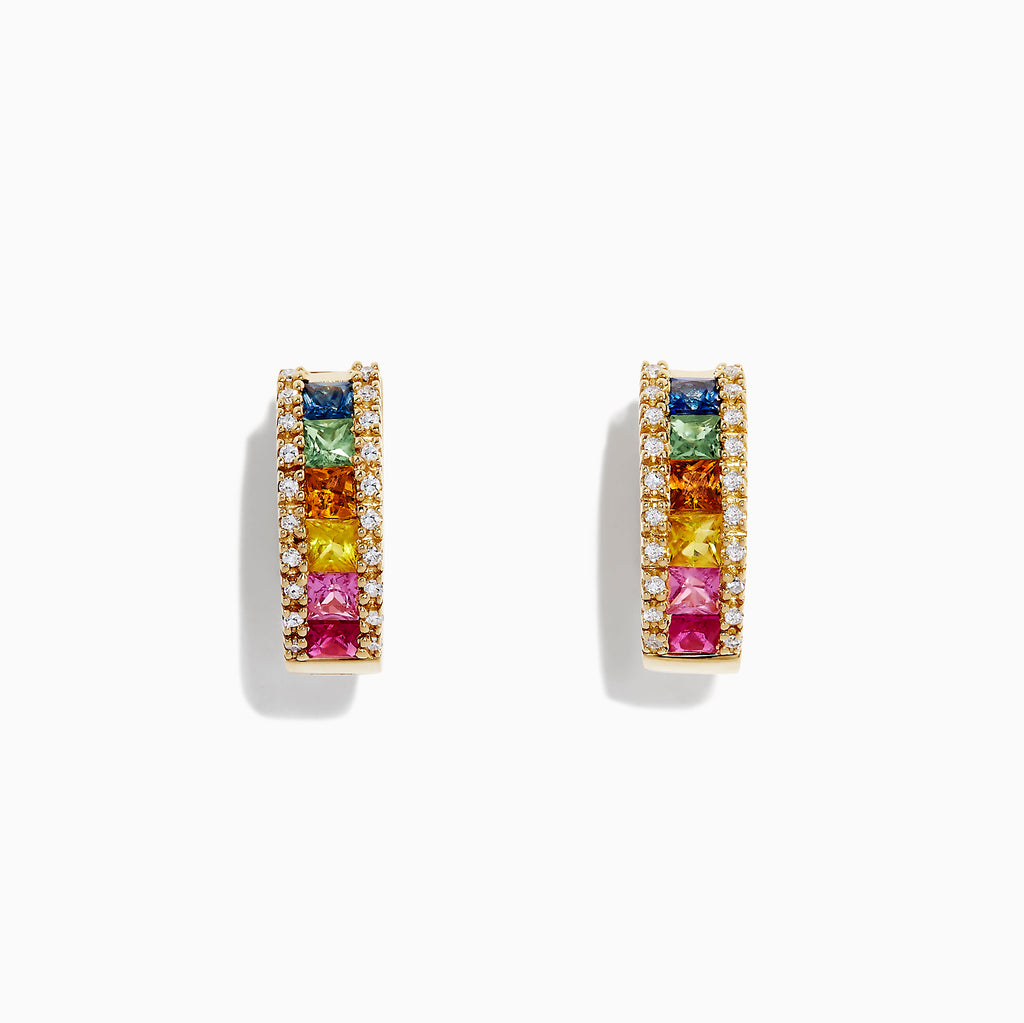 Watercolors 14K yellow gold hoop earrings with multi sapphire gemstones in pink, orange, yellow, and blue, accented by sparkling diamonds (1.76 TCW), are displayed on a white background.