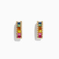 Watercolors 14K yellow gold hoop earrings with multi sapphire gemstones in pink, orange, yellow, and blue, accented by sparkling diamonds (1.76 TCW), are displayed on a white background.