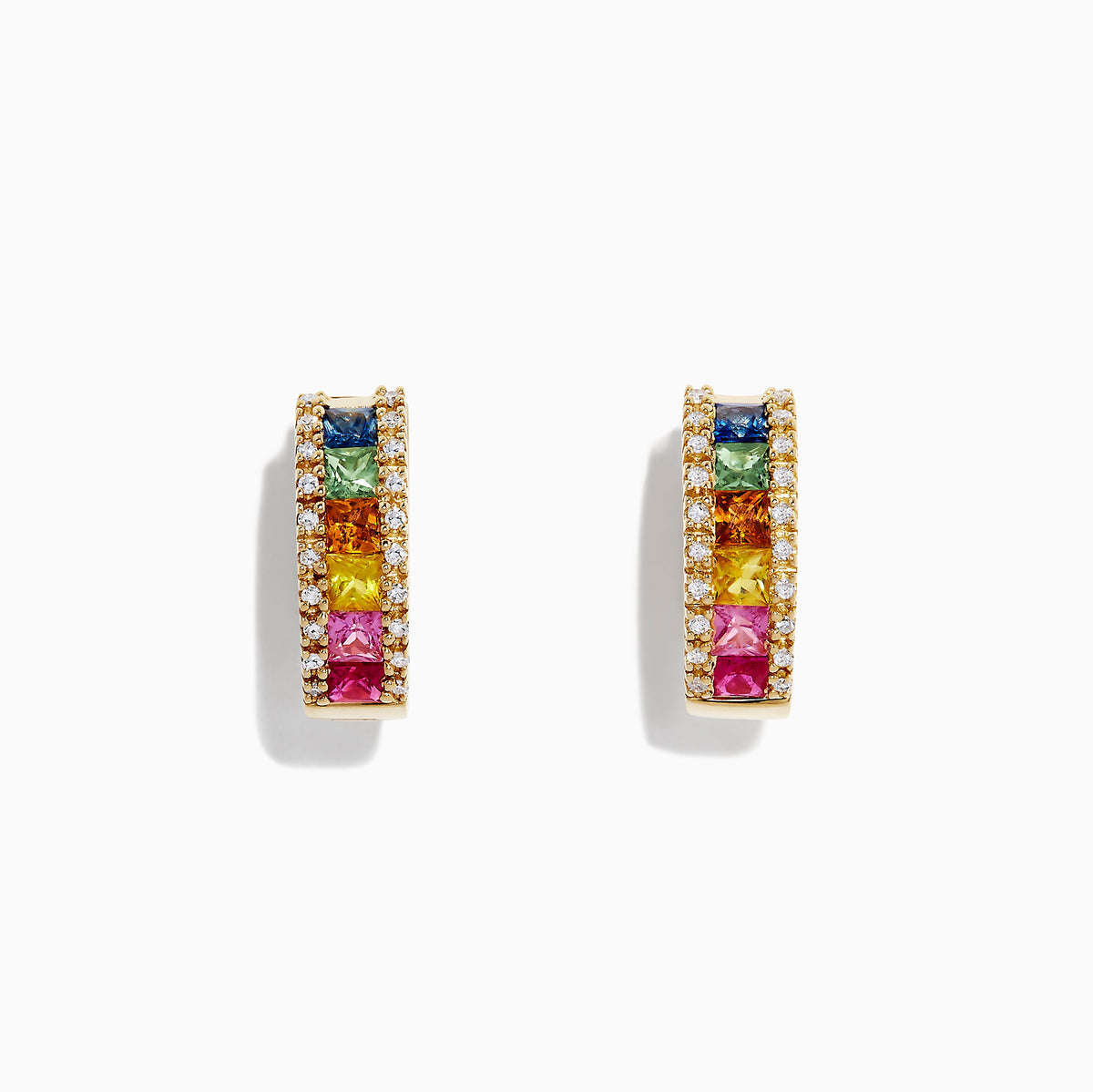 Watercolors 14K yellow gold hoop earrings with multi sapphire gemstones in pink, orange, yellow, and blue, accented by sparkling diamonds (1.76 TCW), are displayed on a white background.