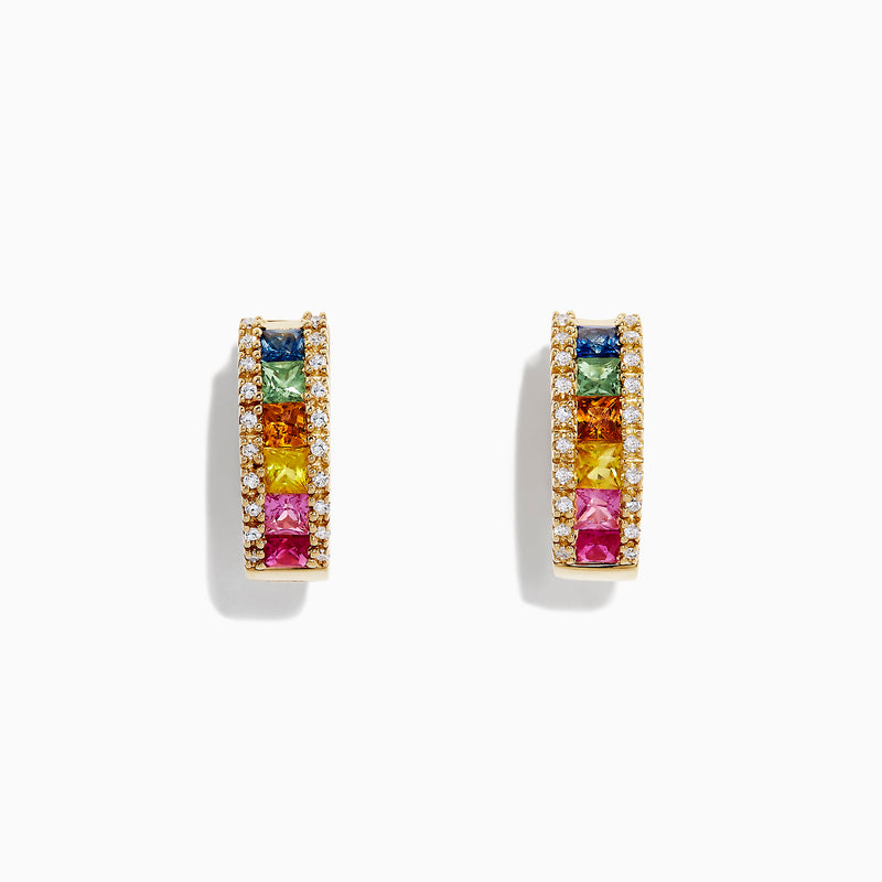 Watercolors 14K yellow gold hoop earrings with multi sapphire gemstones in pink, orange, yellow, and blue, accented by sparkling diamonds (1.76 TCW), are displayed on a white background.