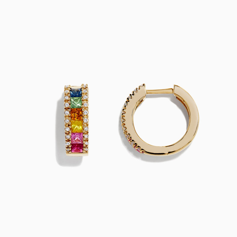 Watercolors 14K yellow gold hoop earrings with multi sapphire gemstones in pink, orange, yellow, and blue, accented by sparkling diamonds (1.76 TCW), are displayed on a white background.