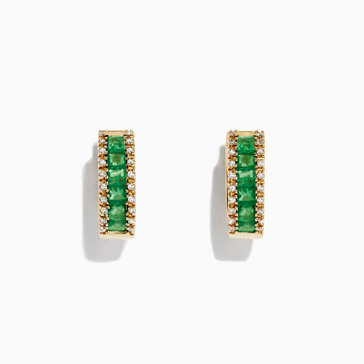 Brasilica 14K Yellow Gold Emerald and Diamond Earrings, 1.53 TCW, feature a row of square green emeralds bordered by small round diamonds, beautifully presented on a white background.