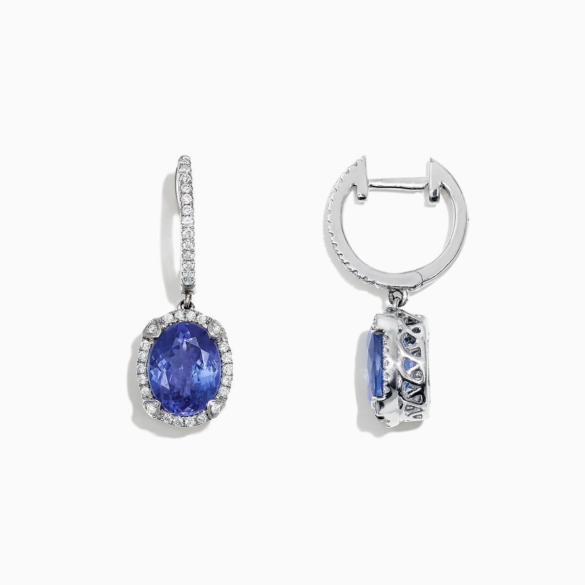 Elegant 14K white gold earrings featuring oval tanzanite gemstones and sparkling diamonds, totaling 4.14 TCW, with additional diamonds along the hooks.